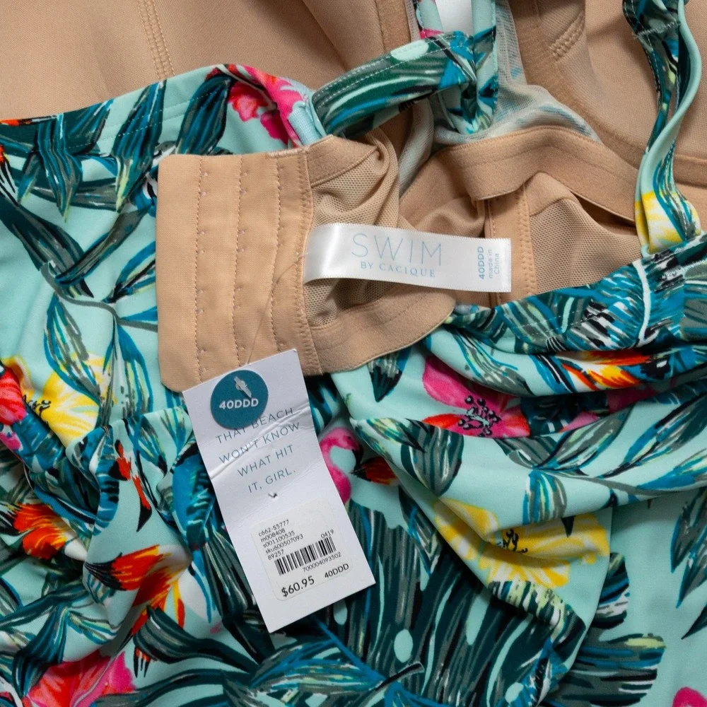 Swim by Cacique Tankini Women 40DDD Mint Tropical Flamingo NEW Underwire Ruched